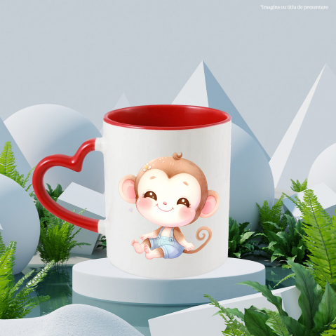 Cana cu o maimutica vesela | ilustratie | imbujorata | floricica | fericire | copilarie | parinti mandri | cuminte | 330ml | Ceramica cu Maner Inima Rosie [1]