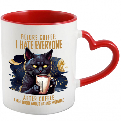 Cana cu o pisica neagra care tine o ceasca cu cafea cu mesajul "Before coffee: I hate everyone. After coffee: I feel good about hating everyone", ilustratie, lichid, fluid, urasc pe toata lumea, inain [0]