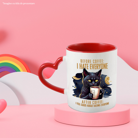 Cana cu o pisica neagra care tine o ceasca cu cafea cu mesajul "Before coffee: I hate everyone. After coffee: I feel good about hating everyone", ilustratie, lichid, fluid, urasc pe toata lumea, inain [1]