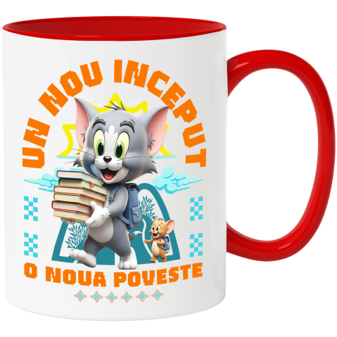 Căni - Cana Cu om și Jerry – Învață Distractiv, Făcând Primii Pași Ceramica, 330ML, cu Maner Rosu