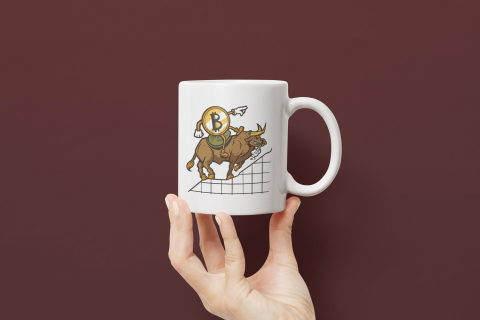 Cana Cu Omulet Bitcoin Catarand Pe Taur Statistica, Monede Virtuale, Investitii, Digitalizare, 330 ml, Maner Alb [1]