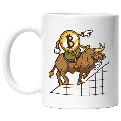 Maner Alb - Cana Cu Omulet Bitcoin Catarand Pe Taur Statistica, Monede Virtuale, Investitii, Digitalizare, 330 ml, Maner Alb