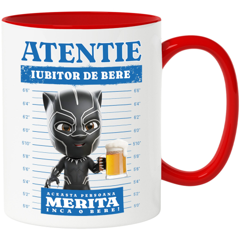 Căni - Cana Cu Pantera Neagră: Cadou si Bere pentru Momente de Neuitat Ceramica, 330ML, cu Maner Rosu