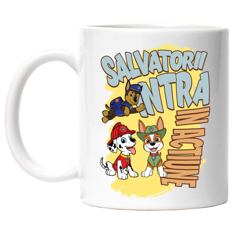 Desene Animate - Cana Cu Patrula Catelusilor Chase, Marshall și Rocky - Salvatori curajoșsi, solutii rapide Ceramica, 330ML, cu Maner Alb