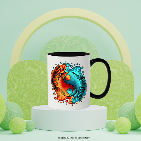 Cana Cu Pesti Koi, Ying Yang, Balanta, Asiatic, Multicolor 330 ml, Ceramica cu Maner Negru [1]