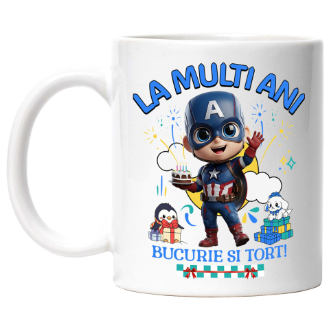 Căni - Cana Cu Petrecere cu Captain America – Forta si Distractie Ceramica, 330ML, cu Maner Alb