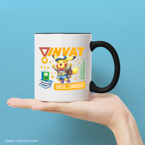 Cana Cu Pikachu – Cresc Invatand Zi de Zi Ceramica, 330ML, cu Maner Negru [1]