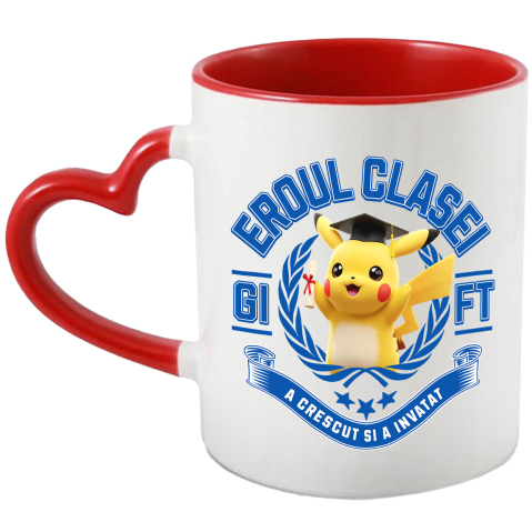 Căni - Cana Cu Pikachu La Scoala: Puterea Prieteniei Ceramica, 330ML, cu Maner Inima Rosie