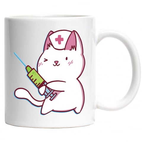 Maner Alb - Cana Cu Pisica Alba Asistenta Cu Seringa, Asistente Medicale Super Erou, Iubitorii De Medicina, 330 ml, cu maner Alb