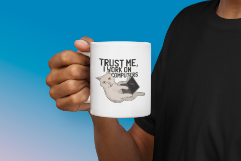 Cana Cu Pisica Cu Laptop, Text In Engleza Trust Me I Work On Computers, Work From Home, Loading, Iubitorii De Pisici Si Motani, Multicolor, 330 ml, Maner Alb [3]