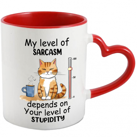 Maner Inima Rosie - Cana cu pisica cu mesajul "My level of sarcasm depends on your level of stupidity", ilustratie, nivel, depinde, cafea cu Maner Inima Rosie