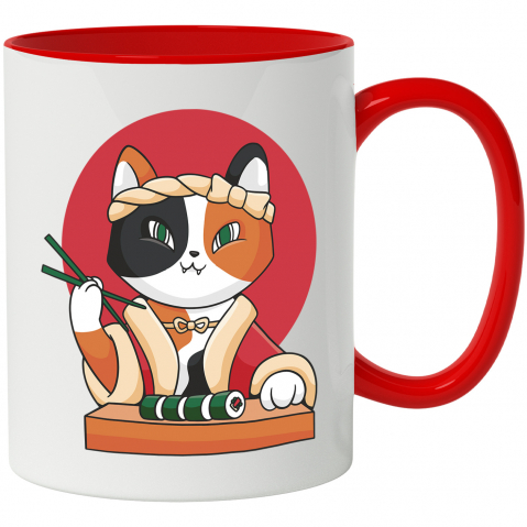 Maner Rosu - Cana Cu Pisica In Costum Traditional Asiatic Mancand Sushi, Animale Blanoase, Iubitorii De Peste, 330 ml, cu maner Rosu