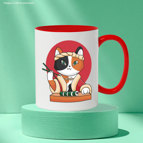 Cana Cu Pisica In Costum Traditional Asiatic Mancand Sushi, Animale Blanoase, Iubitorii De Peste, 330 ml, cu maner Rosu [1]