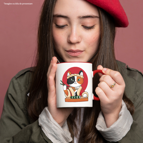 Cana Cu Pisica In Costum Traditional Asiatic Mancand Sushi, Animale Blanoase, Iubitorii De Peste, 330 ml, cu maner Rosu [2]