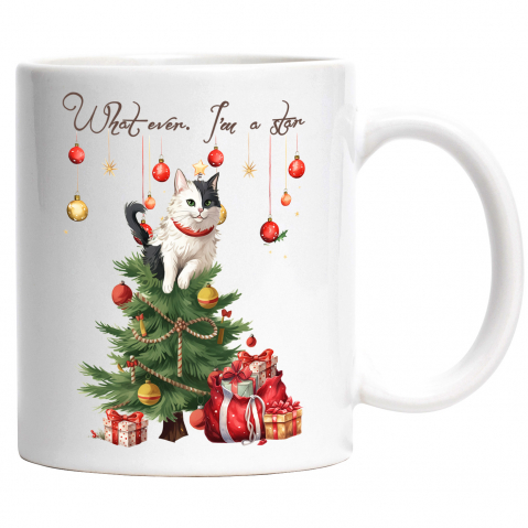 Maner Alb - Cana cu pisica in varful bradului cu mesajul "What ever. I'm a star", Craciun fericit, ilustratie, iarna, sunt o stea, cadouri cu Maner Alb