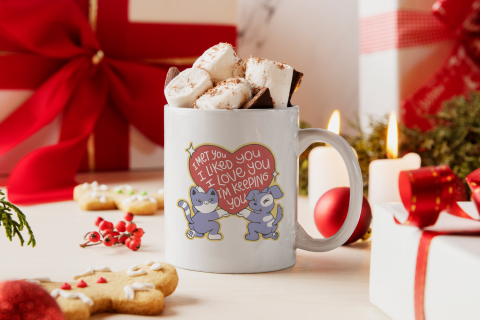 Cana Cu Pisica Si Caine Tinand O Inima mare, Mesaj In Engleza I Met You I Liked You I Love You I'm Keeping You, Pisici Si Motani, Iubitorii De Animale Blanoase, Roz, 330 ml, Maner Alb [2]