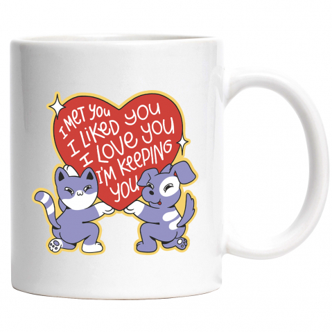 Cana Cu Pisica Si Caine Tinand O Inima mare, Mesaj In Engleza I Met You I Liked You I Love You I'm Keeping You, Pisici Si Motani, Iubitorii De Animale Blanoase, Roz, 330 ml, Maner Alb [3]