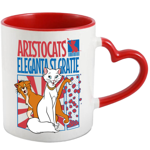 Desene Animate - Cana Cu Pisicile Aristocrate si Prietenia Vesela Ceramica, 330ML, cu Maner Inima Rosie