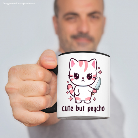 Cana cu pisicuta dragalasa care tine un cutit cu mesajul "cute, but psycho", ilustratie, draguta, stelute, psihopata cu Maner Negru [1]