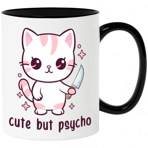 Maner Negru - Cana cu pisicuta dragalasa care tine un cutit cu mesajul "cute, but psycho", ilustratie, draguta, stelute, psihopata cu Maner Negru
