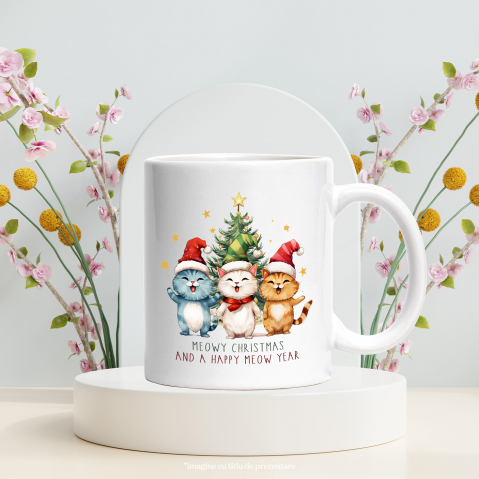 Cana cu pisoi cu mesajul "Meowy Christmas and a Happy Meow Year", Craciun fericit, ilustratie, iarna, an nou fericit, brad cu Maner Alb [2]
