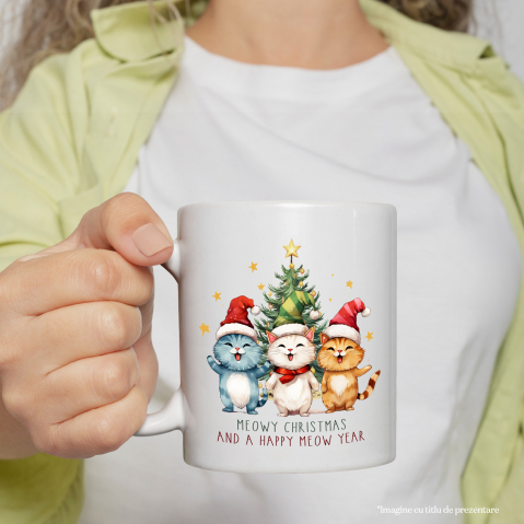 Cana cu pisoi cu mesajul "Meowy Christmas and a Happy Meow Year", Craciun fericit, ilustratie, iarna, an nou fericit, brad cu Maner Alb [1]