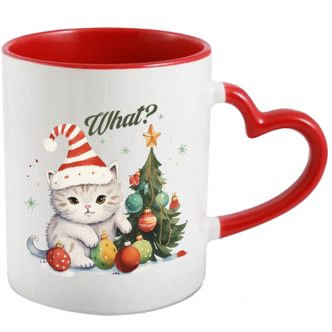 Maner Inima Rosie - Cana cu pisoi cu mesajul "What?", Craciun fericit, ilustratie, iarna, globuri, brad, stea, ce cu Maner Inima Rosie