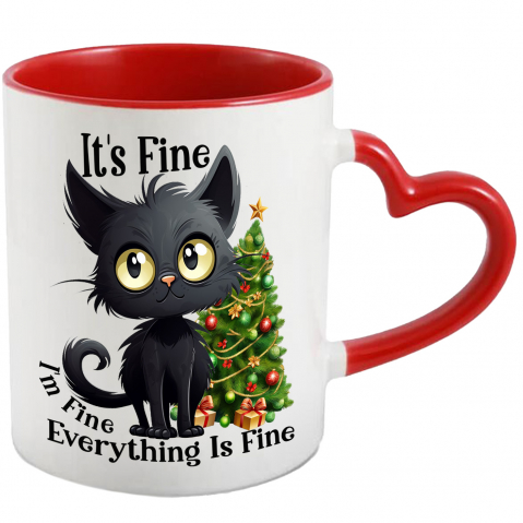 Maner Inima Rosie - Cana cu pisoi negru cu mesajul "It's fine, I'm fine, Everything is fine", totul e bine, brad, Craciun fericit, ilustratie, iarna, globulete cu Maner Inima Rosie