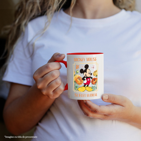 Cana Cu Plimbare cu Mickey Mouse Printre Flori Ceramica, 330ML, cu Maner Rosu [1]