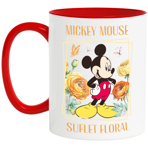 Flori - Cana Cu Plimbare cu Mickey Mouse Printre Flori Ceramica, 330ML, cu Maner Rosu