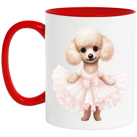 Maner Rosu - Cana cu Poodle (pudel), rochie, caine, animal de companie, ilustratie, binedispus, vesel, stand in 2 labe cu Maner Rosu