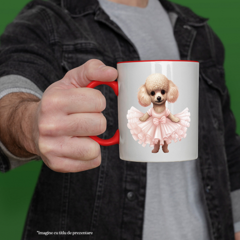 Cana cu Poodle (pudel), rochie, caine, animal de companie, ilustratie, binedispus, vesel, stand in 2 labe cu Maner Rosu [1]