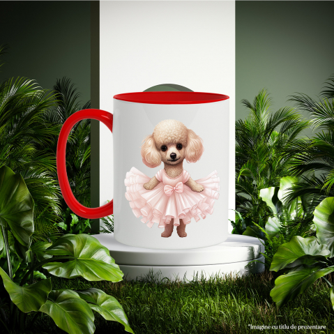 Cana cu Poodle (pudel), rochie, caine, animal de companie, ilustratie, binedispus, vesel, stand in 2 labe cu Maner Rosu [2]