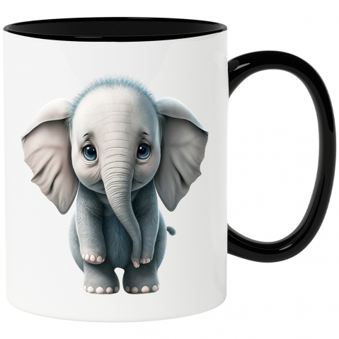 Maner Negru - Cana cu Portret Elefant Realist, Dragut, Micut, Gri, Trompe de Elefanti, Ochii Albastri, Elefant, Iubitori de Animale, Ceramica, 330ml, cu Maner Negru