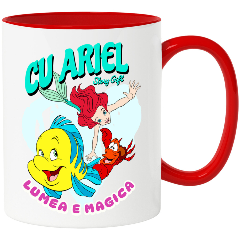Desene Animate - Cana Cu Prietenia dintre Ariel si Flounder Ceramica, 330ML, cu Maner Rosu
