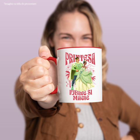 Cana Cu Printesa - Tiana si Broscoiul – Transformarea Magica Ceramica, 330ML, cu Maner Rosu [1]