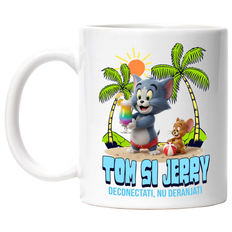 Plaja - Cana Cu Relaxare la Mare cu Tom and Jerry Ceramica, 330ML, cu Maner Alb
