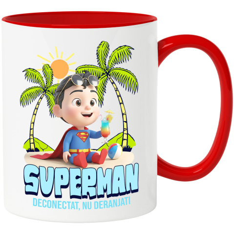 Plaja - Cana Cu Relaxare Sub Soare cu Superman Ceramica, 330ML, cu Maner Rosu