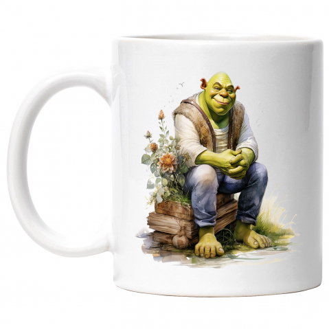 Maner Alb - Cana Cu Shrek, Flori, Haine, Capcaun, Lemne, Frunze, Multicolor 330 ml, Ceramica cu Maner Alb