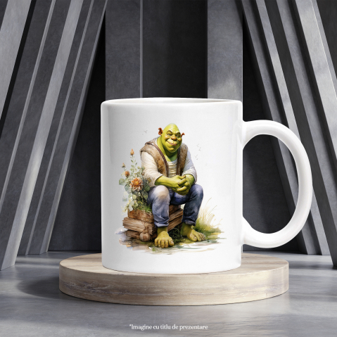 Cana Cu Shrek, Flori, Haine, Capcaun, Lemne, Frunze, Multicolor 330 ml, Ceramica cu Maner Alb [1]
