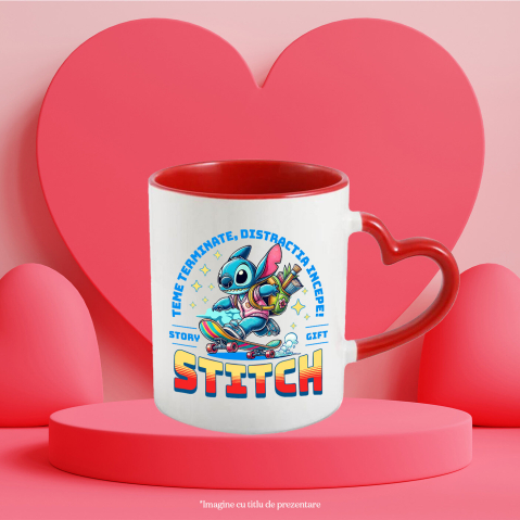 Cana Cu Skateboard Stitch: Răsfață-te cu Distracție De Neoprit Ceramica, 330ML, cu Maner Inima Rosie [2]