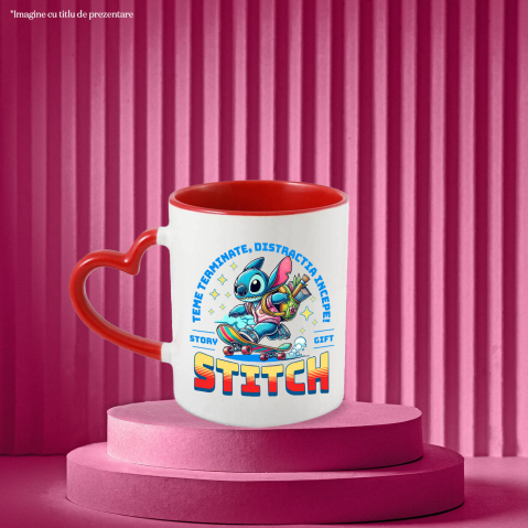 Cana Cu Skateboard Stitch: Răsfață-te cu Distracție De Neoprit Ceramica, 330ML, cu Maner Inima Rosie [1]