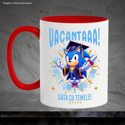 Cana Cu Sonic Sub Soare: Distractie si Diplome Ceramica, 330ML, cu Maner Rosu [2]