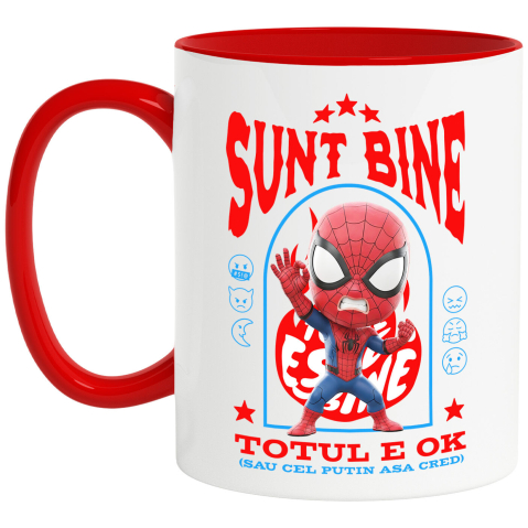 Desene Animate - Cana Cu Spiderman, Ok, Sarcastic, Nervos, Iritat Ceramica, 330ML, cu Maner Rosu