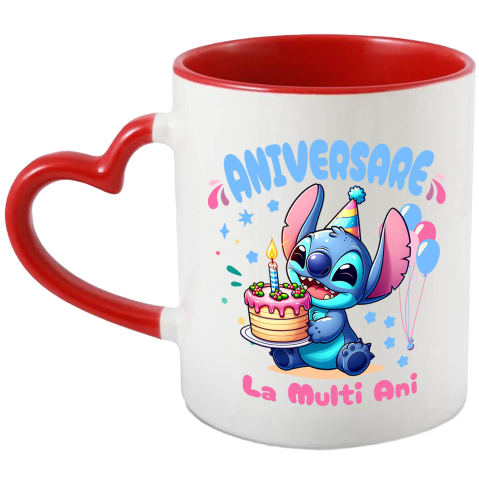 Căni - Cana Cu Stitch Party – Cadouri si Surprize de Ziua Ta Ceramica, 330ML, cu Maner Inima Rosie