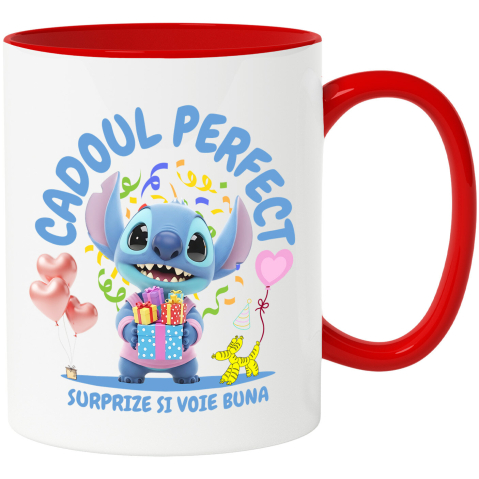 Căni - Cana Cu Stitch Sarbatoreste cu Inima si Zambet Ceramica, 330ML, cu Maner Rosu