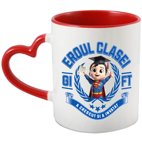 Căni - Cana Cu Superman: Erou La Scoala Si In Viata De Zi Cu Zi Ceramica, 330ML, cu Maner Inima Rosie