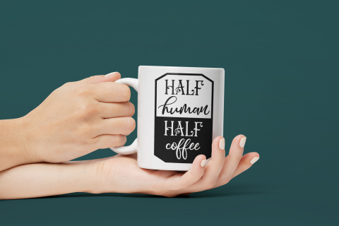 Cana Cu Text In Engleza Half Human Half Coffee, Ceasca Mare De Cafea, Trezirea De Dimineata, Multicolor 330 ml, Maner Alb [2]