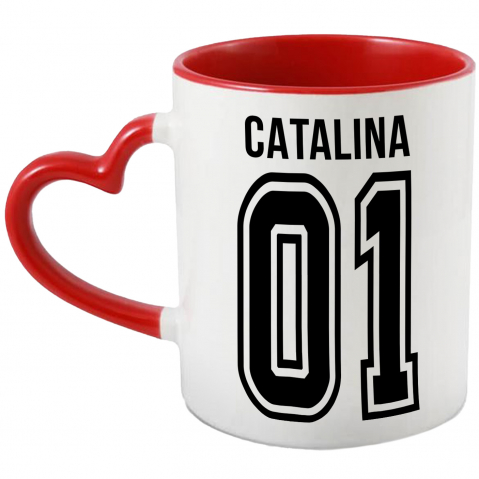 Maner Inima Rosie - Cana Cu Textul  Catalina, si Numarul 01, Cel Mai Bun, Apreciere, Personalizat, 330ml, Ceramica cu Maner Inima Rosie