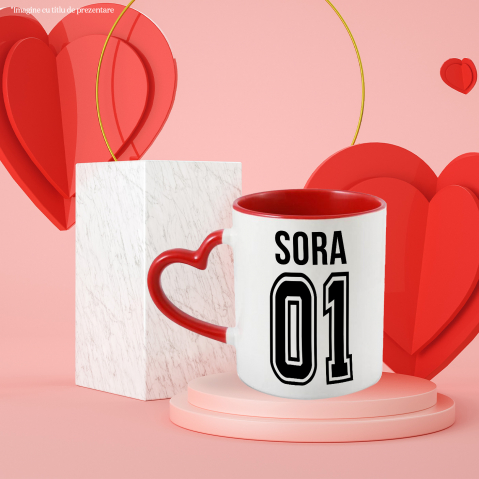 Cana Cu Textul  sora, si Numarul 01, Cel Mai Bun, Apreciere, Personalizat, 330ml, Ceramica cu Maner Inima Rosie [2]